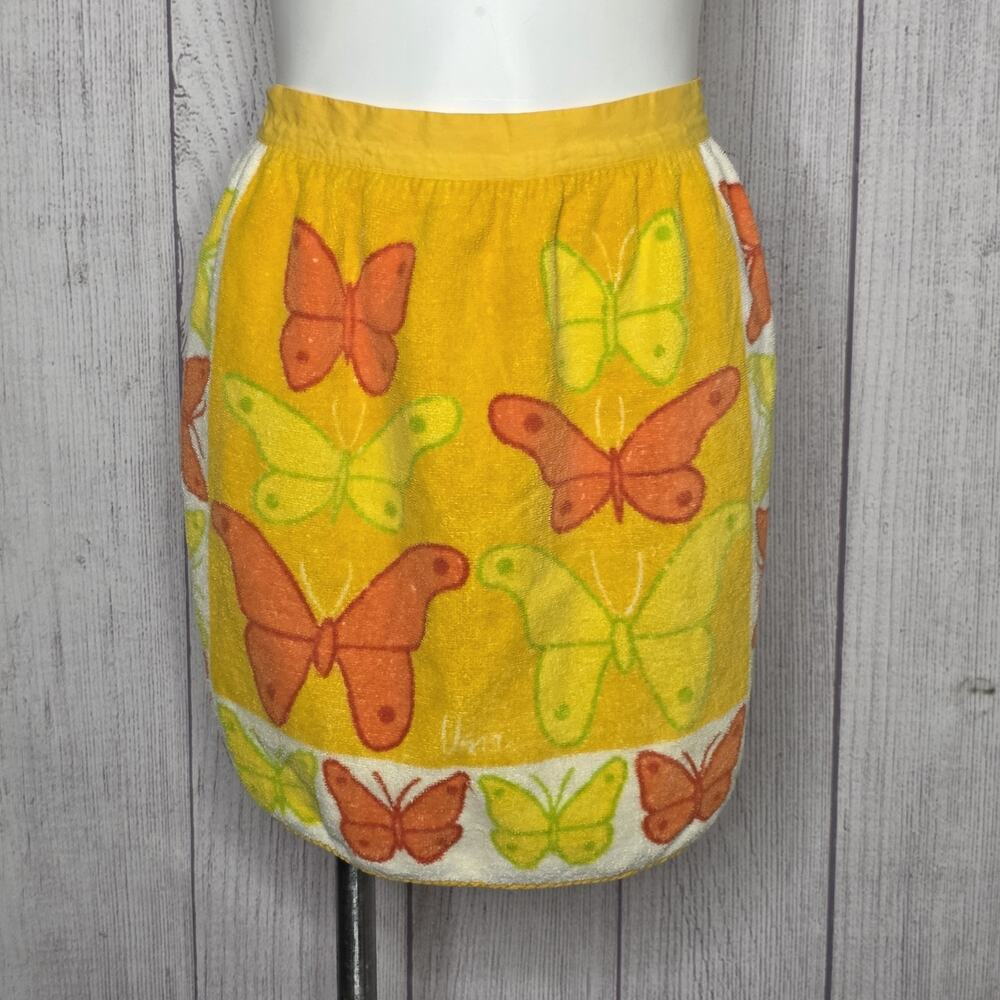 Vtg 70s Vera Butterfly Terrycloth Half Apron Mod Orange Yellow Green Kitchen